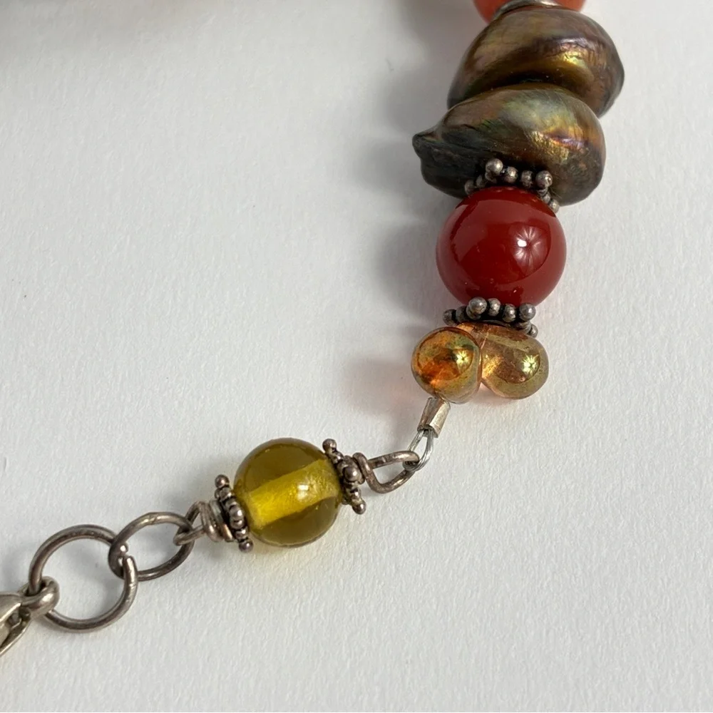 Artisan Beaded Bracelet Green Baroque Pearls Carnelian Citrine Earthy Tones